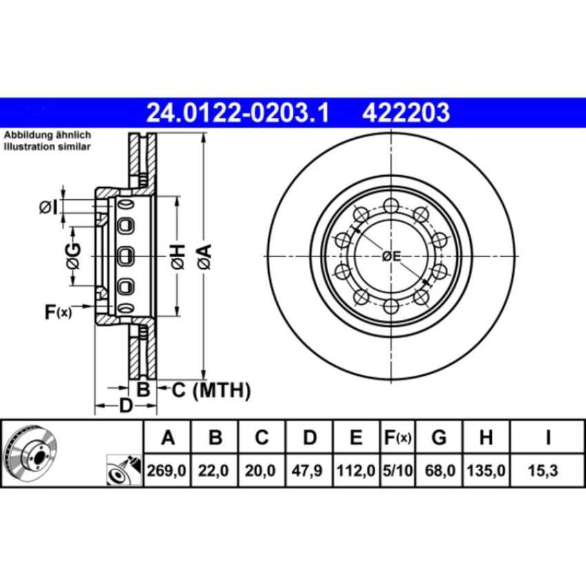 ATE 422203 ATE Original Rear Disc Brake Rotor 422203 for Audi