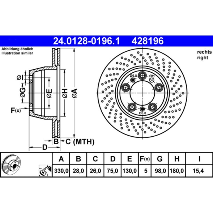 ATE 428196 ATE Original Rear Right Disc Brake Rotor 428196 for Porsche