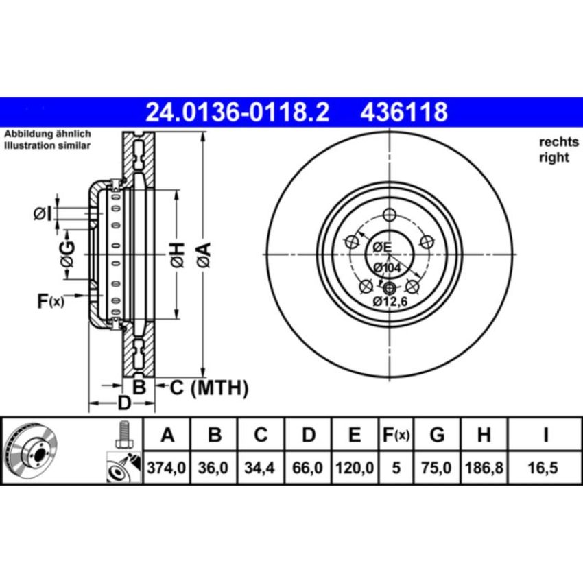 ATE 436118 ATE Original Front Right Disc Brake Rotor 436118 for BMW