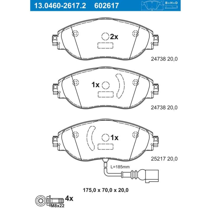 ATE 602617 ATE Original Semi-Metallic Front Disc Brake Pad Set 602617 for Audi, Volkswagen