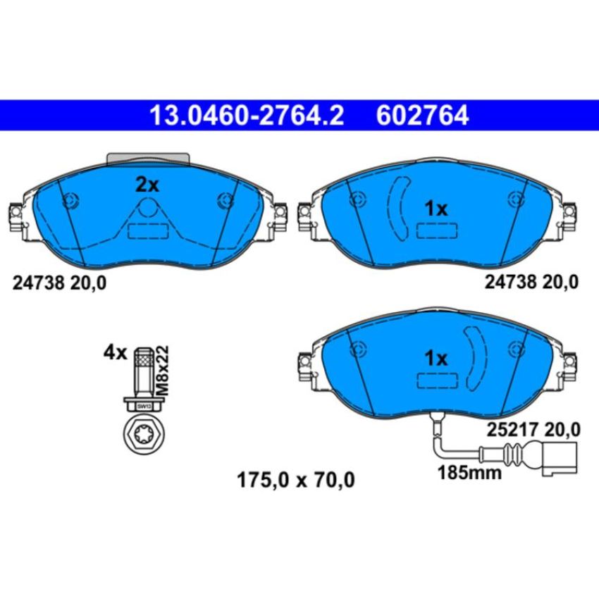 ATE 602764 ATE Original Semi-Metallic Front Disc Brake Pad Set 602764 for Audi, Volkswagen