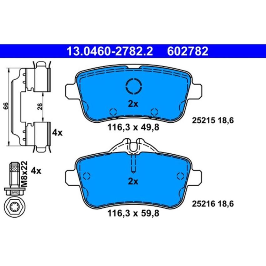 ATE 602782 ATE Original Semi-Metallic Rear Disc Brake Pad Set 602782 for Mercedes-Benz