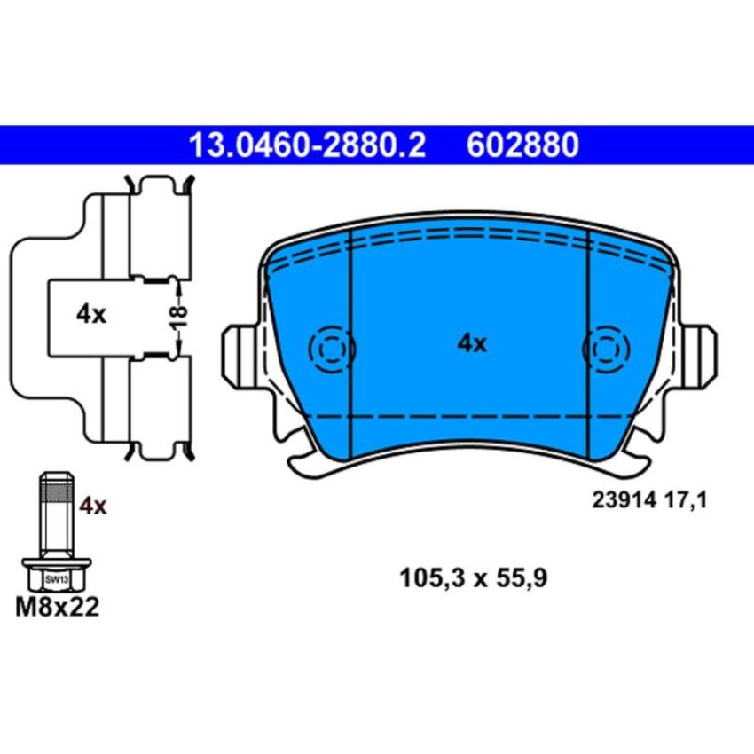 ATE 602880 ATE Original Semi-Metallic Rear Disc Brake Pad Set 602880 for Audi, Volkswagen
