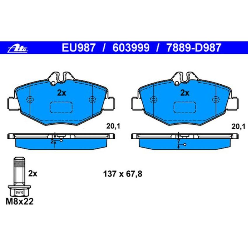 ATE 603999 ATE Original Semi-Metallic Front Disc Brake Pad Set 603999 for Mercedes-Benz