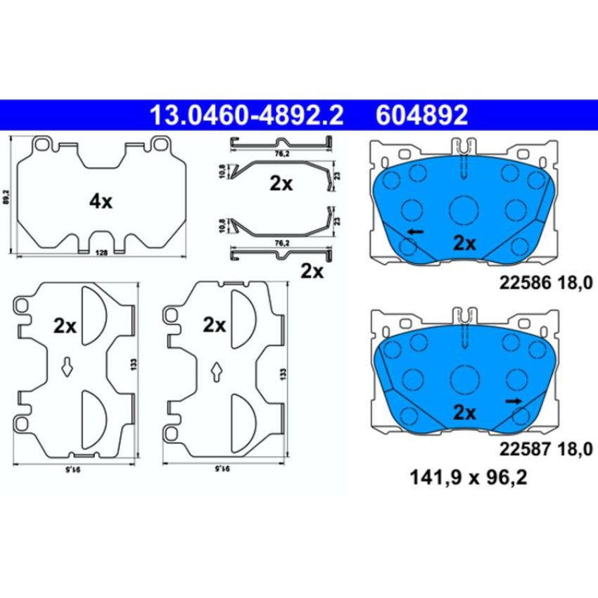 ATE 604892 ATE Original Semi-Metallic Front Disc Brake Pad Set 604892 for Mercedes-Benz