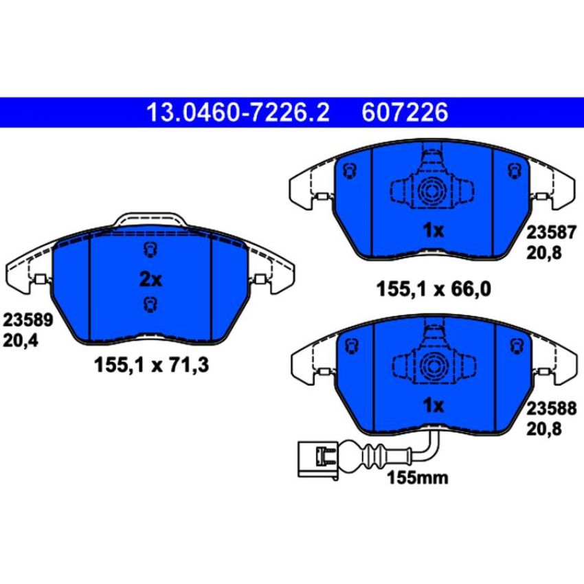 ATE 607226 ATE Original Semi-Metallic Front Disc Brake Pad Set 607226 for Audi, Volkswagen