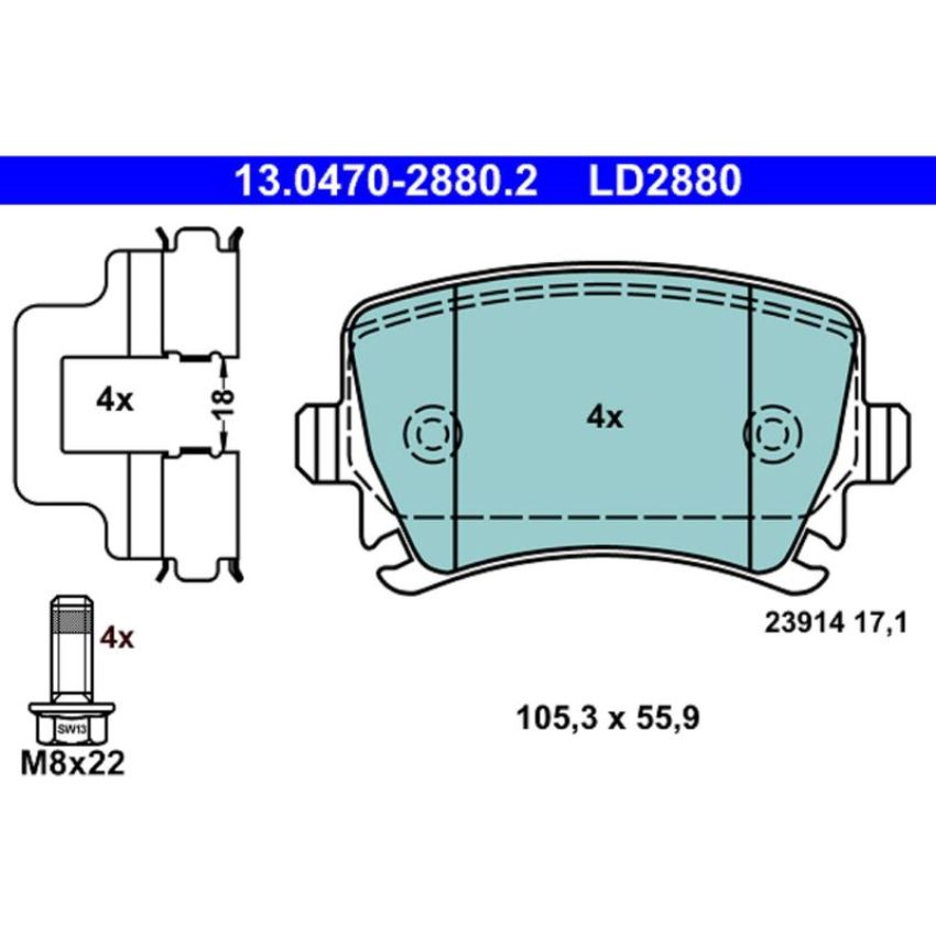 ATE LD2880 ATE Ceramic Rear Disc Brake Pad Set LD2880 for Audi, Volkswagen