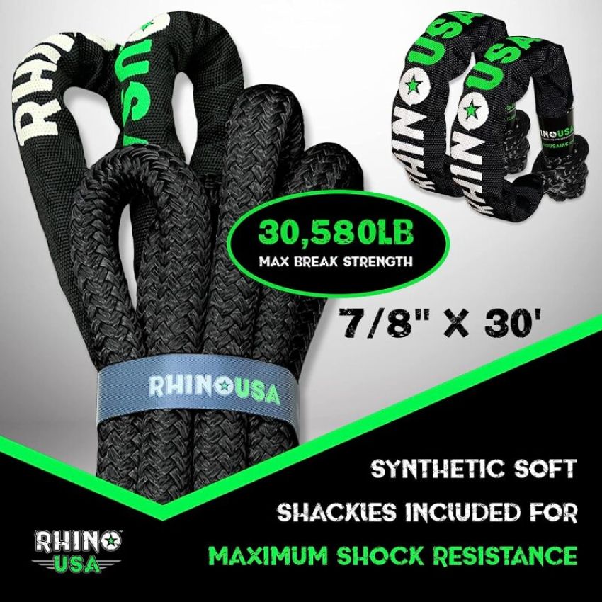 Rhino USA RG-KRKIT78X30-BLK 7/8In X 30Ft Kinetic Rope Recovery Kit W/Soft Shackles (Black)