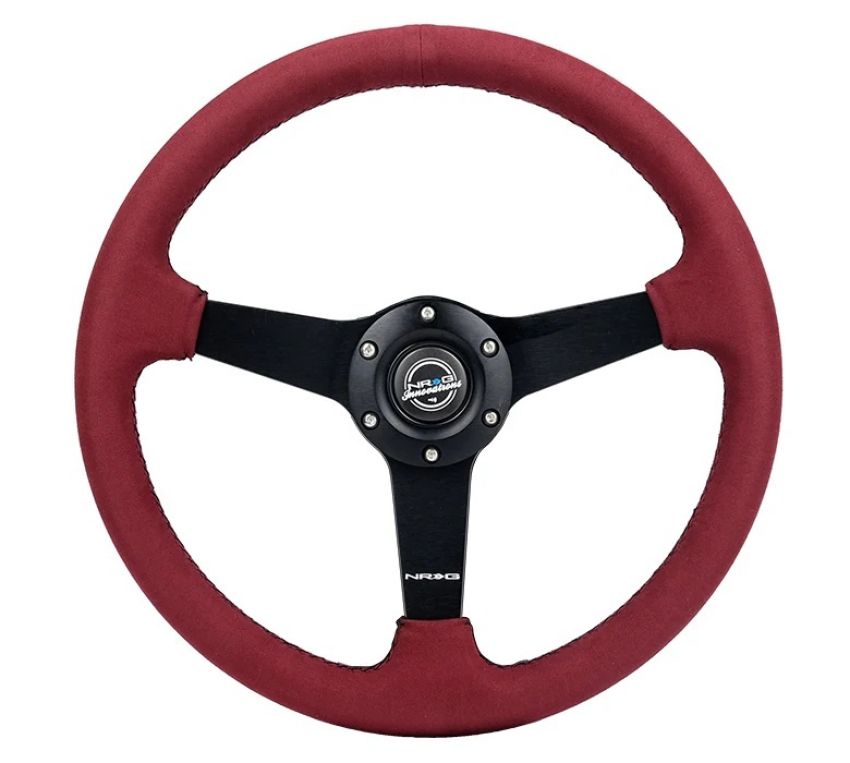 NRG RST-037MB-BUA Sport Wheel (350mm) 3 Solid Spokes - 1.5in Deep - Burgundy - Micro Suede - Black Stitching
