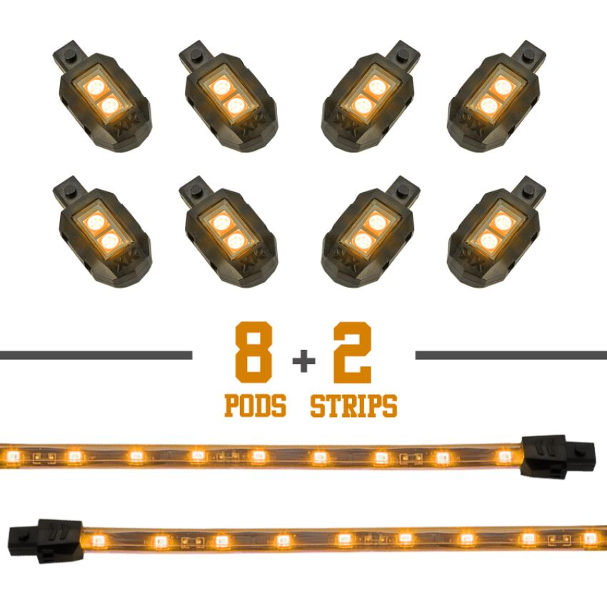 XKGLOW XK034001-A XK Glow Strips Single Color  LED Accent Light Motorcycle Kit Amber - 8xPod + 2x8In