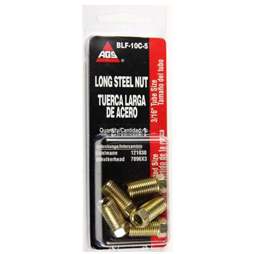 AGS BLF-10C-5 Steel Tube Nut, Long, 3/16 (3/8-24 Inverted), 5/card