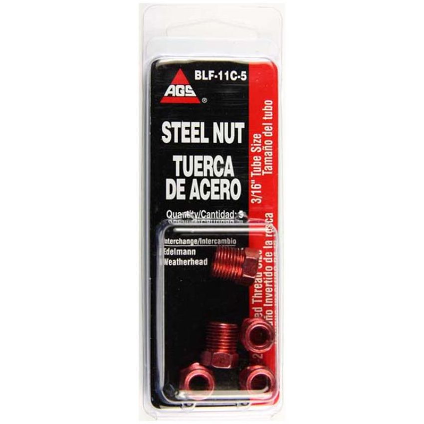AGS BLF-11C-5 Steel Tube Nut, 3/16 (7/16-24 Inverted), 5/card