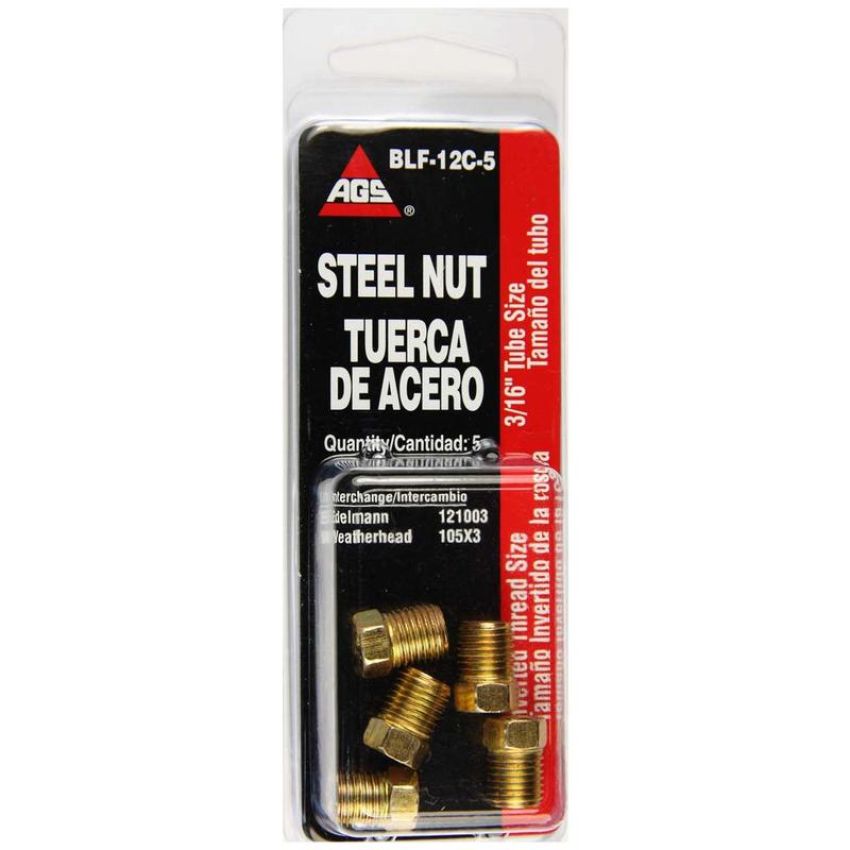 AGS BLF-12C-5 Steel Tube Nut, 3/16 (3/8-24 Inverted), 5/card