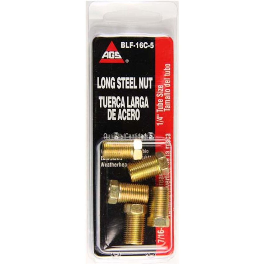AGS BLF-16C-5 Steel Tube Nut, Long, 1/4 (7/16-24 Inverted), 5/card