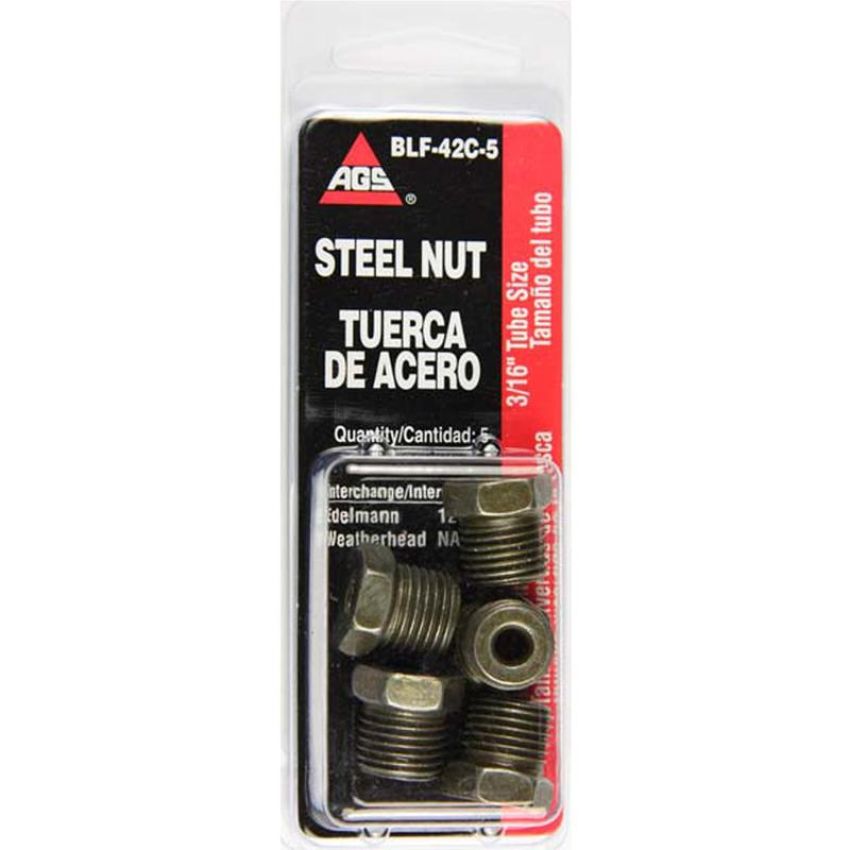 AGS BLF-42C-5 Steel Tube Nut, 3/16 (9/16-18 Inverted), 5/card