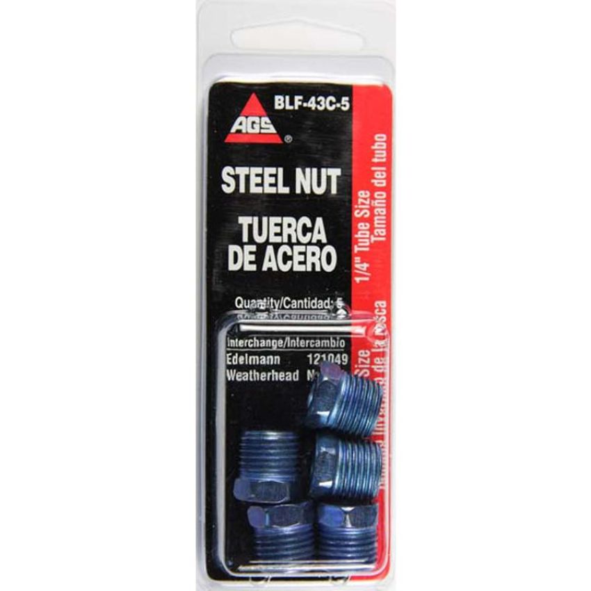 AGS BLF-43C-5 Steel Tube Nut, 1/4 (9/16-18 Inverted), 5/card