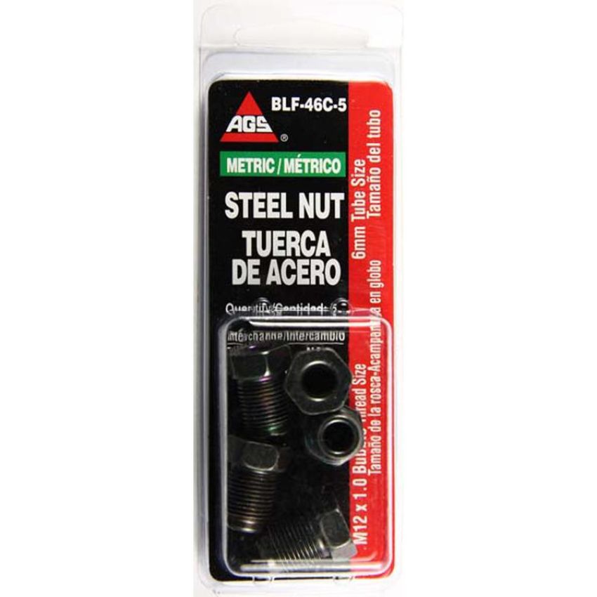 AGS BLF-46C-5 Steel Tube Nut, OL, 6mm (M12x1.0 Bubble), 5/card