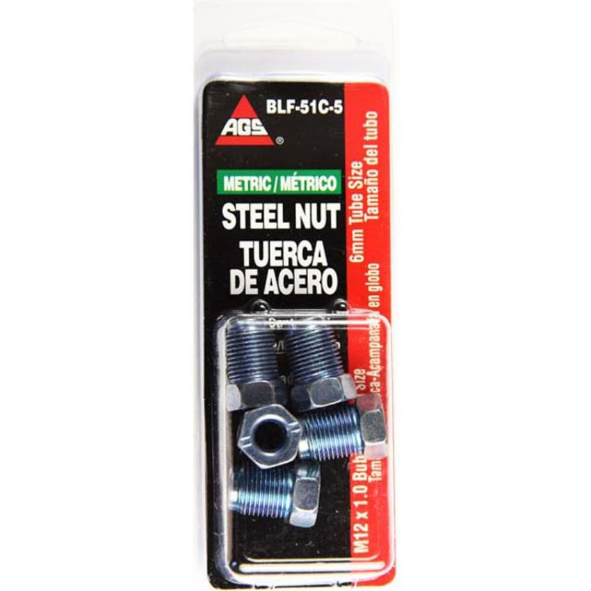AGS BLF-51C-5 Steel Tube Nut, 6mm (M12x1.0 Bubble), 5/card
