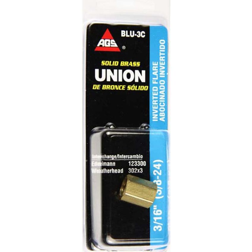 AGS BLU-3C Brass Brake Line Union, 3/16 (3/8-24 Inverted), 1/card