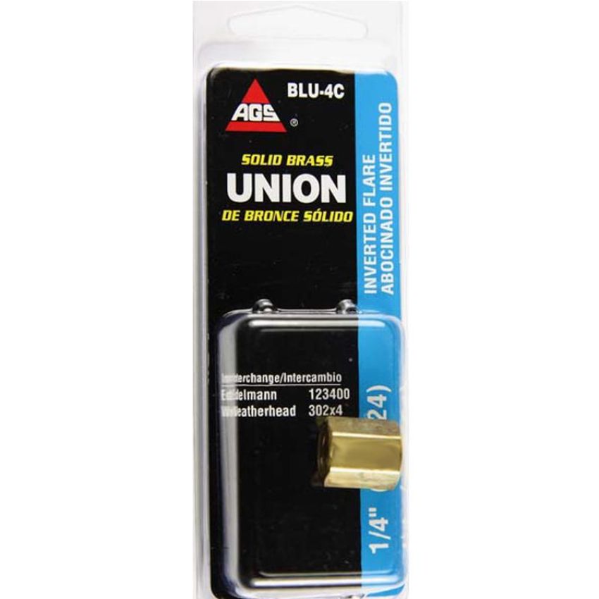 AGS BLU-4C Brass Brake Line Union, 1/4 (7/16-24 Inverted), 1/card