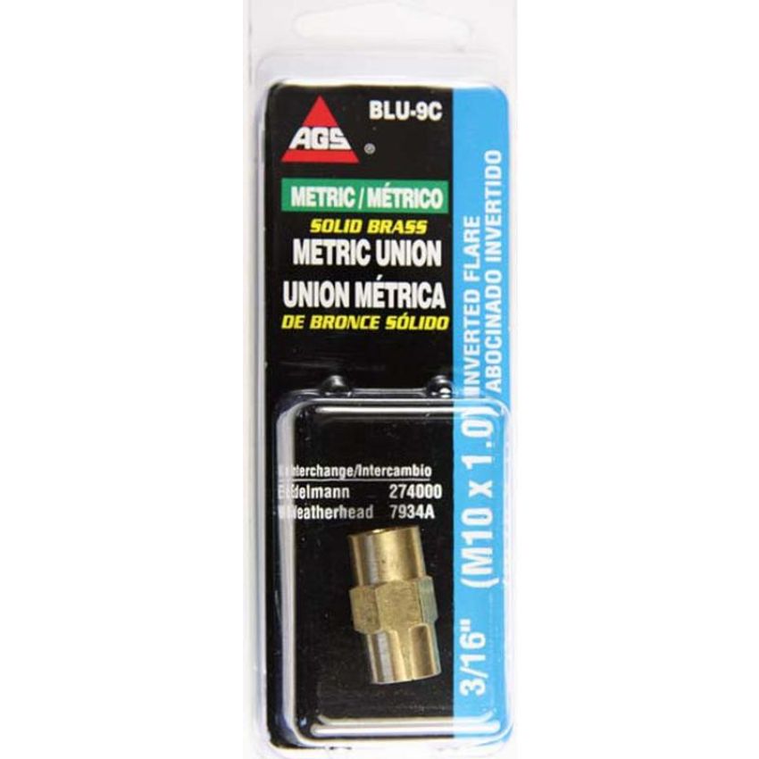 AGS BLU-9C Brass Brake Line Union, 3/16 (M10x1.0 Inverted), 1/card