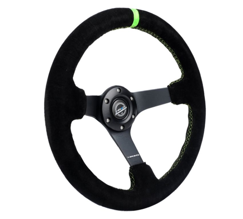 NRG RST-036MB-S-GN Reinforced Steering Wheel 350mm/3in. Deep Blk Suede/ Neon Green Stitch w/5mm Matte Black Spoke