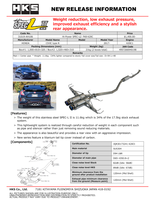 HKS 31019-AH106 Hi-Power Muffler SPEC-L2 FK8 K20C