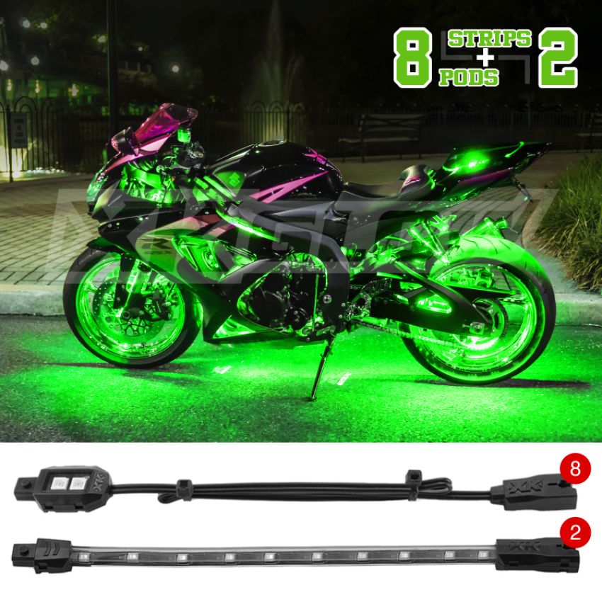 XKGLOW XK034001-G XK Glow Strips Single Color  LED Accent Light Motorcycle Kit Green - 8xPod + 2x8In