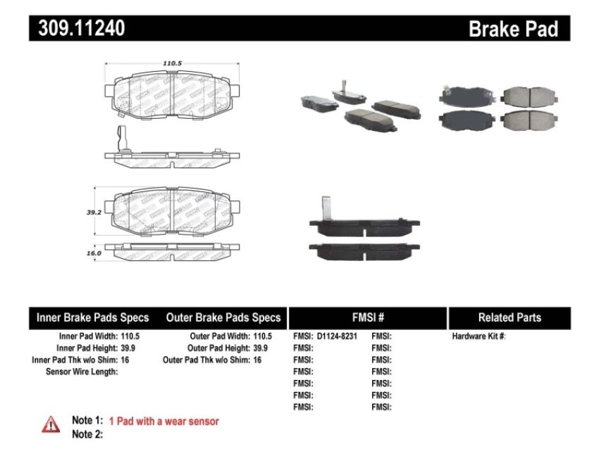 Stoptech 309.11240 Performance 06-10 Subaru Legacy Sedan/Outback/13 BRZ / 13 Scion FR-S Rear Brake Pads