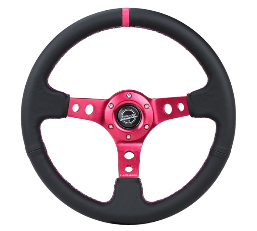 NRG RST-006FH Reinforced Steering Wheel (350mm/3in. Deep) Black Leather/ Fushia Center Mark/ Fushia Stitching