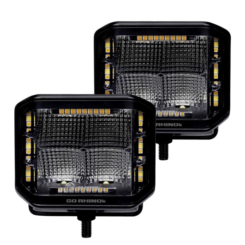 Go Rhino 750700322FCS Xplor Blackout Combo Series Cube Sideline LED Flood Lights w/Amber 4x3 - Blk (Pair)