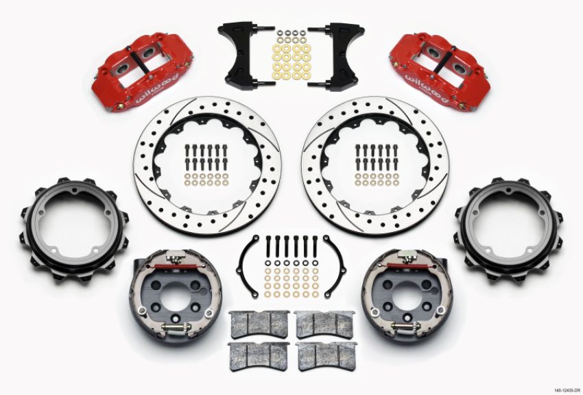 Wilwood 140-12435-DR Narrow Superlite 4R Rear P-Brk Kit 12.88in Drill Red Strange Eng Floater 3.49in Offset