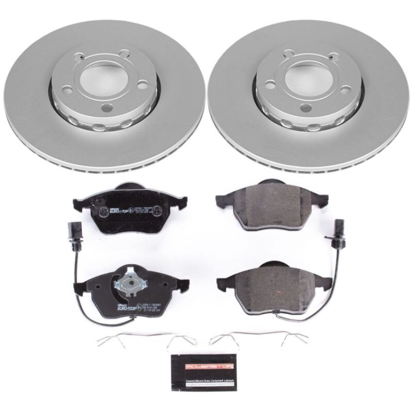 PowerStop ESK528 Genuine Geomet Coated Rotors, ECE-R90 Brake Pads + Hardware Kit