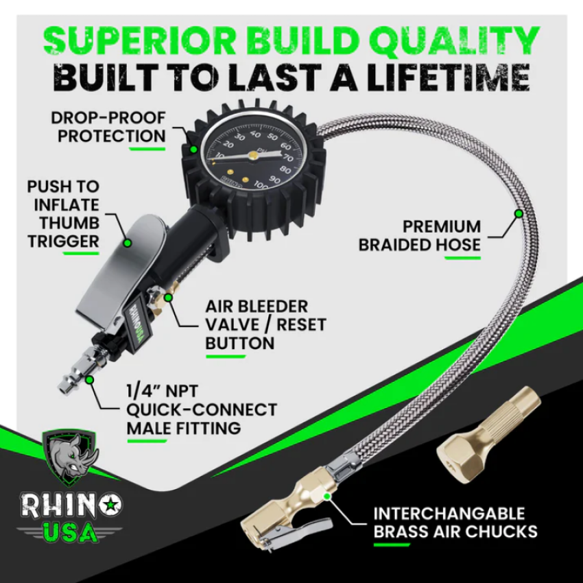 Rhino USA RGAUGE-0100 100 Psi Analog Tire Inflator Gauge