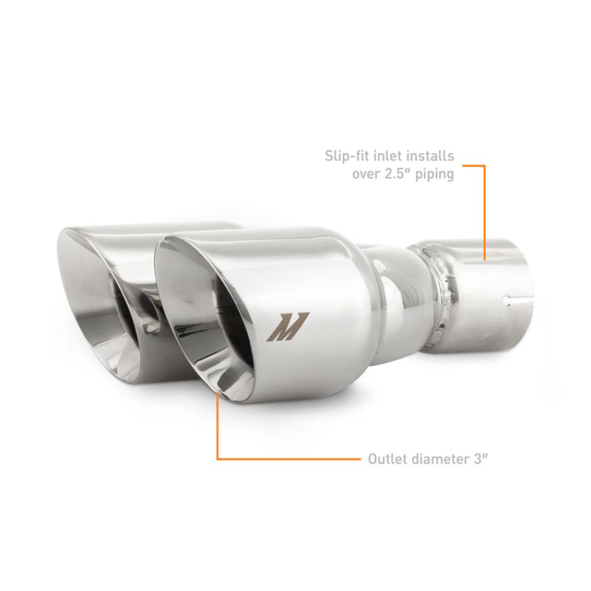 Mishimoto MMEXH-TIP-FSTP Dual Offset Tips 2.5in Inlet 3in Outlet Slash Cut - Polished