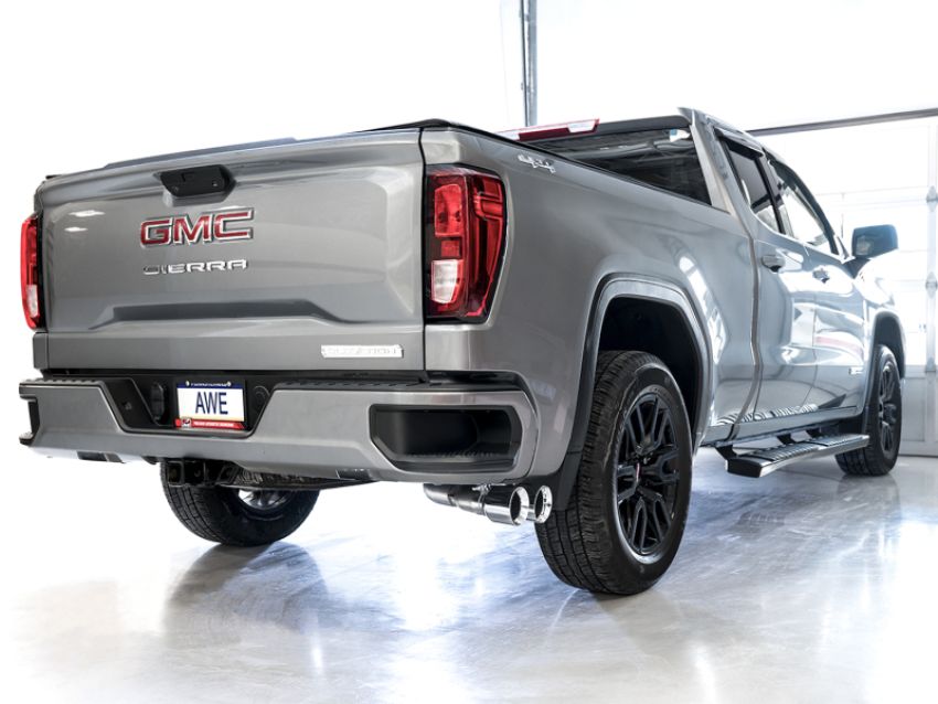 AWE Tuning 3015-22207 4th Gen GM 1500 5.3L 0FG Catback Dual Side Exit (Flat Bumper) - Chrome Tips