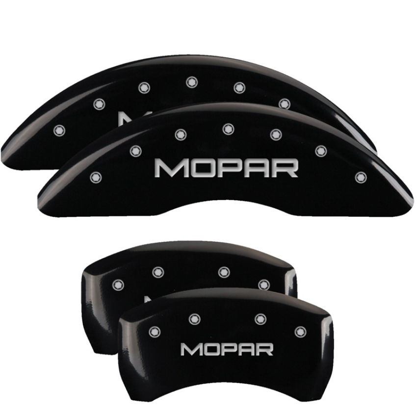 MGP 42012SMOPBK 4 Caliper Covers Engraved Front & Rear MOPAR Black finish silver ch
