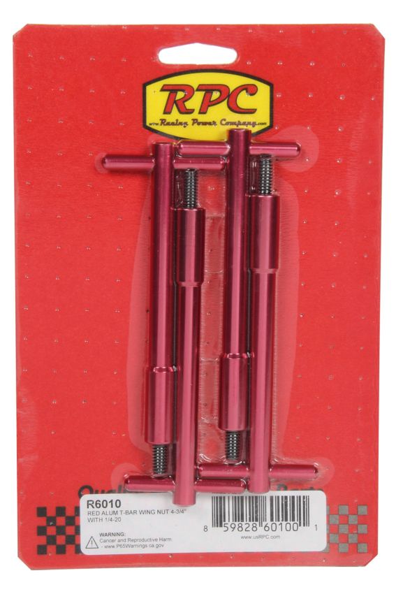 RACING POWER CO-PACKAGED RPCR6010 Red Aluminum T-Bar Wing Nut 4-3/4In  With 1/4-20