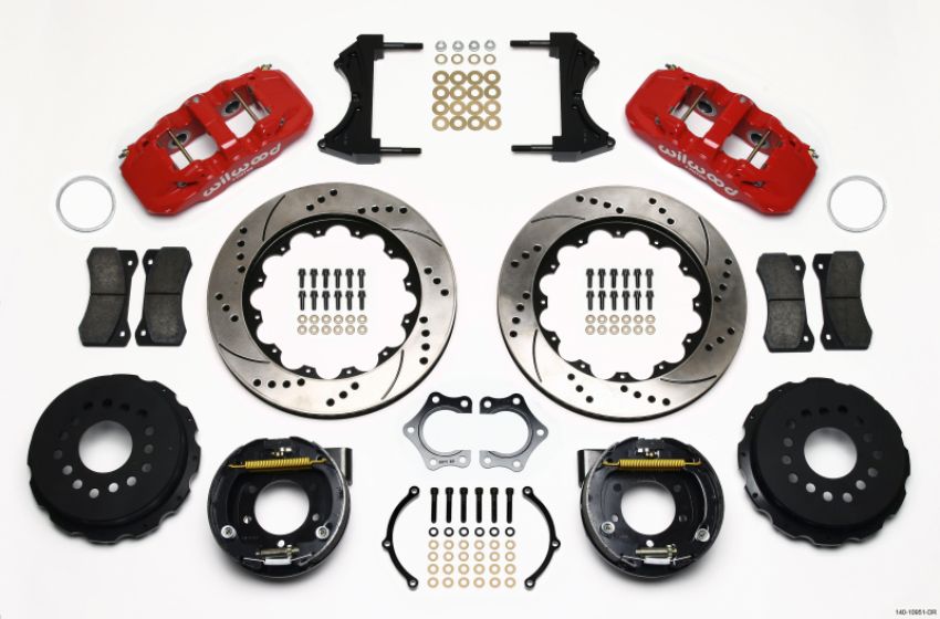 Wilwood 140-10951-DR AERO4 Rear P-Brake Kit 14.00in Drill Red Mopar/Dana 2.36in Off w/Snap Ring Brng