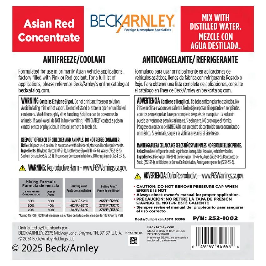 BECK/ARNLEY 252-1002 COOLANT  RED