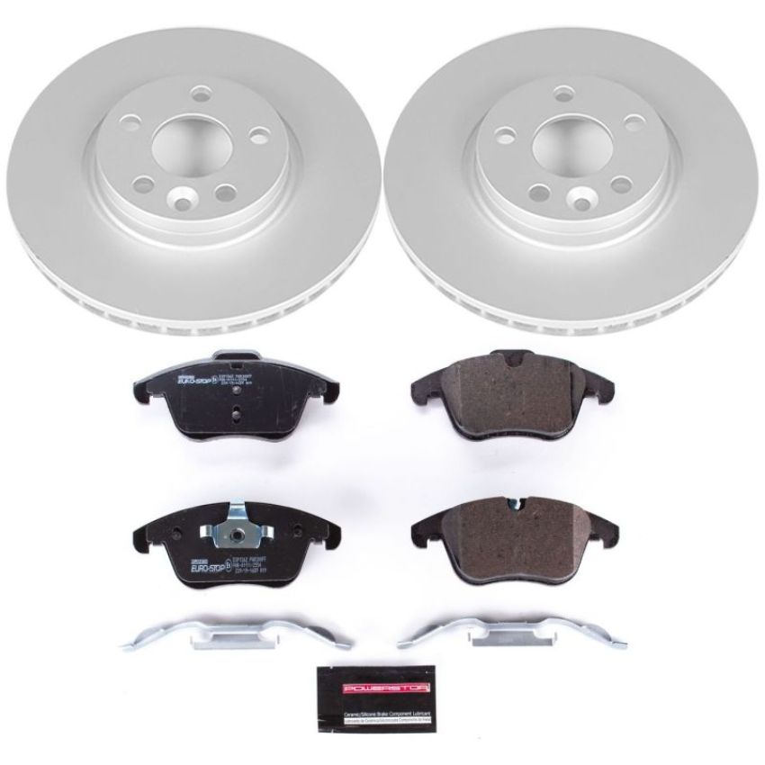 PowerStop ESK5608 Genuine Geomet Coated Rotors, ECE-R90 Brake Pads + Hardware Kit