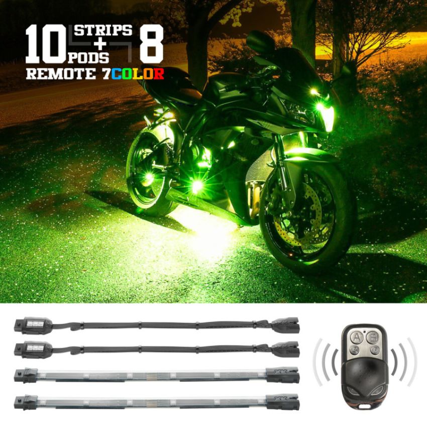 XKGLOW XK034017 XK Glow Flex Strips 7 Color LED Accent Light Motorcycle/ATV Kit (10xCompact Pods + 8x10In)