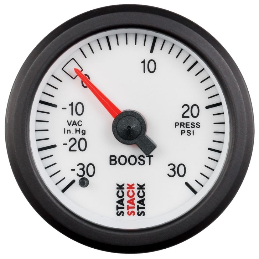 AutoMeter ST3162 Stack 52mm -30INHG to +30 PSI (Incl T-Fitting) Mechanical Boost Pressure Gauge - White