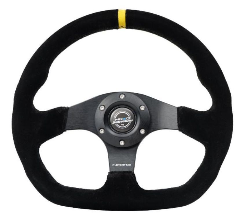 NRG RST-024D-MB-S-Y Reinforced Steering Wheel (320mm) Sport Suede Dual Push Buttons Flat Bottom w/ Yellow Center