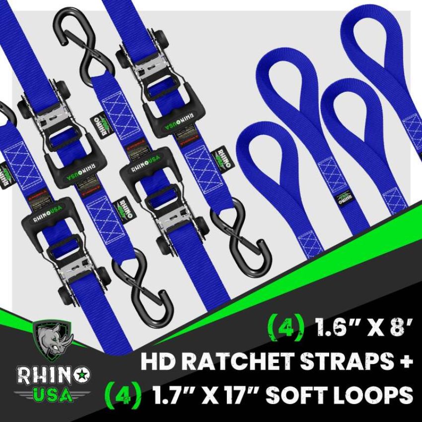 Rhino USA HDKIT-4PK-BLU Heavy Duty Ratchet Tie-Down 4-Pack (Blue) 1.6In X 8Ft