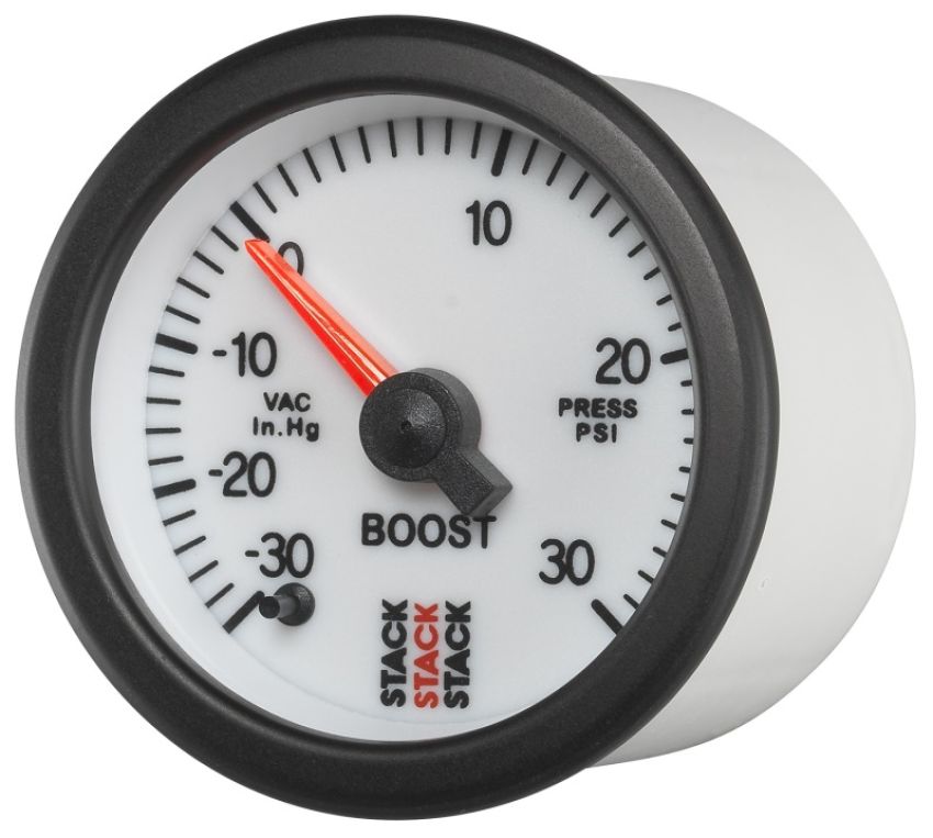 AutoMeter ST3362 Stack 52mm -30INHG to +30 PSI (Incl T-Fitting) Pro Stepper Motor Boost Press Gauge - White