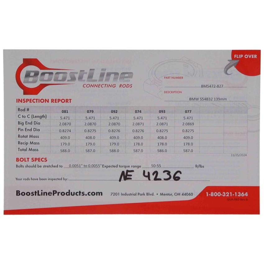 Boostline BM5472827 Connecting Rod Set, BMW S54B32, 139.00 mm Length, ARP2000, Set of 6