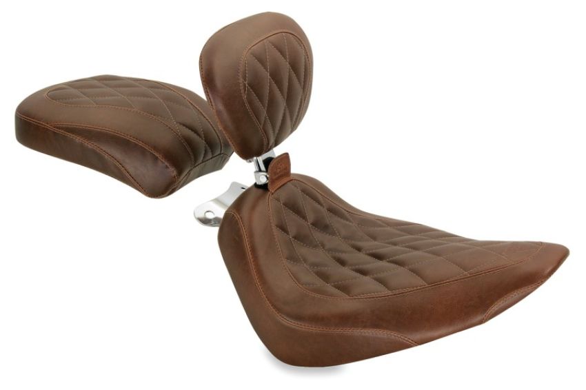 Mustang Motorcycle 79823 Mustang 00-15 Harley Softail Rear Tire Wide Tripper Solo Seat w/Driver Backrest - Distressed Brown