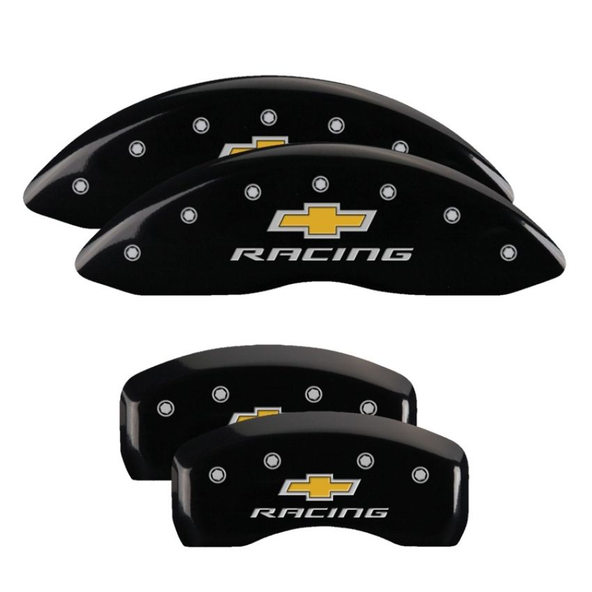 MGP 14006SBRCBK 4 Caliper Covers Engraved Front & Rear Chevy racing Black finish silver ch