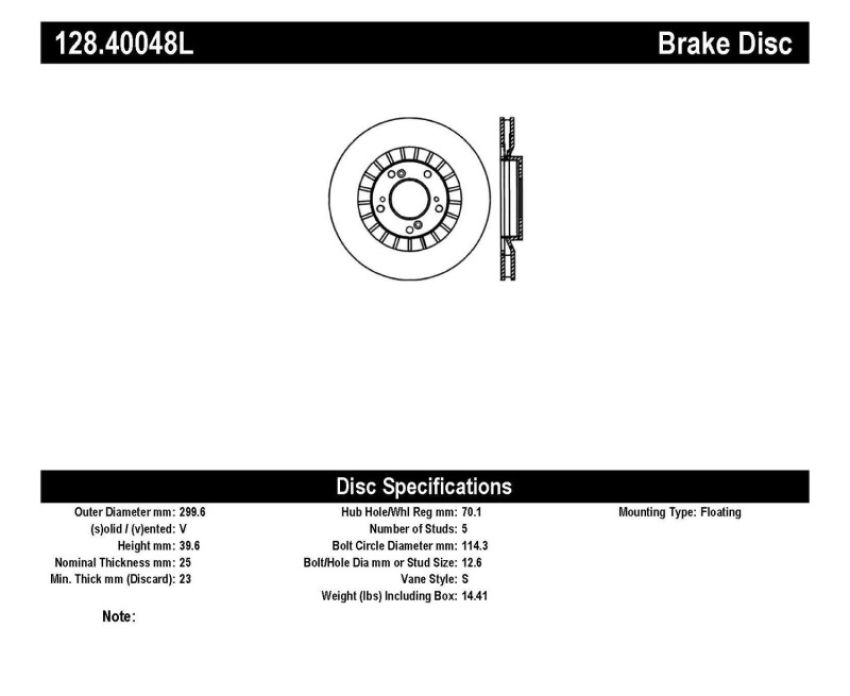 Stoptech 128.40048L 00-09 Honda S2000 Front Drilled Left Rotor